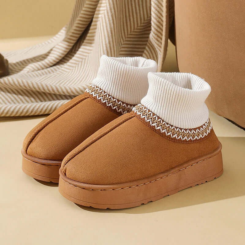 Platform slippers in suede look with a ribbed knit cuff over the ankle - view 7