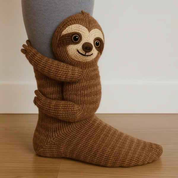 Knitted animal socks with a 3D animal hugging the leg - sloth