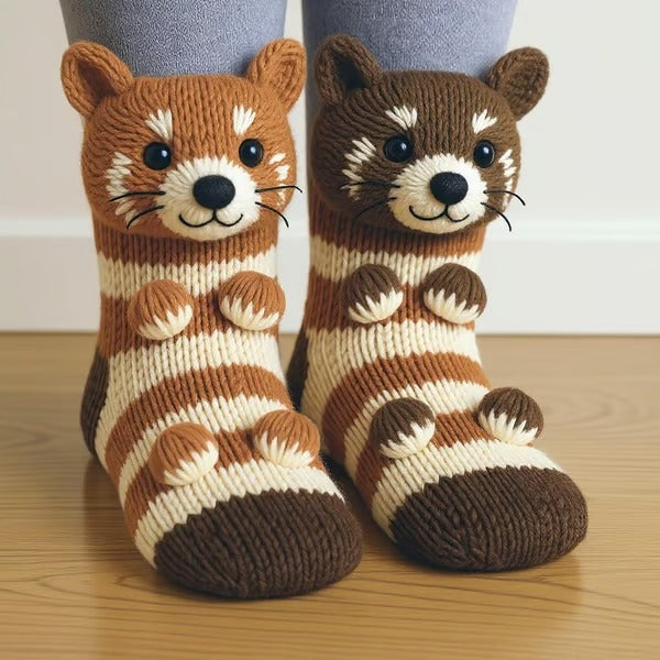 Knitted animal socks with a 3D animal hugging the leg - red panda