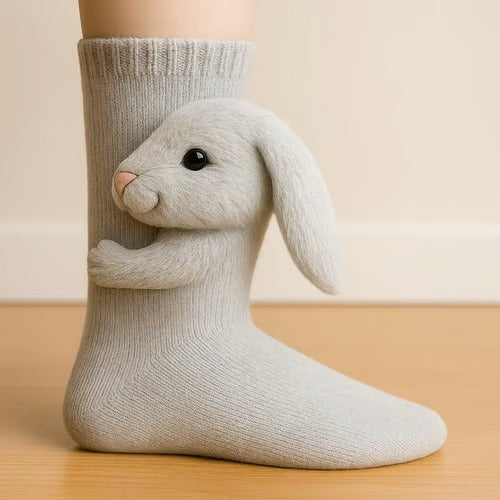 Knitted animal socks with a 3D animal hugging the leg - rabbit