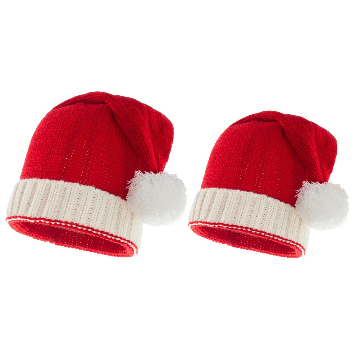 Red knitted Father Christmas hat with white cuff and pompom, parent and child