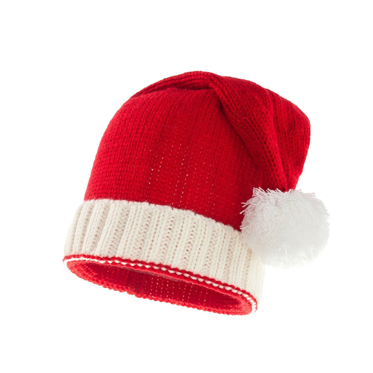 Red knitted Father Christmas hat with white cuff and pompom, parent and child