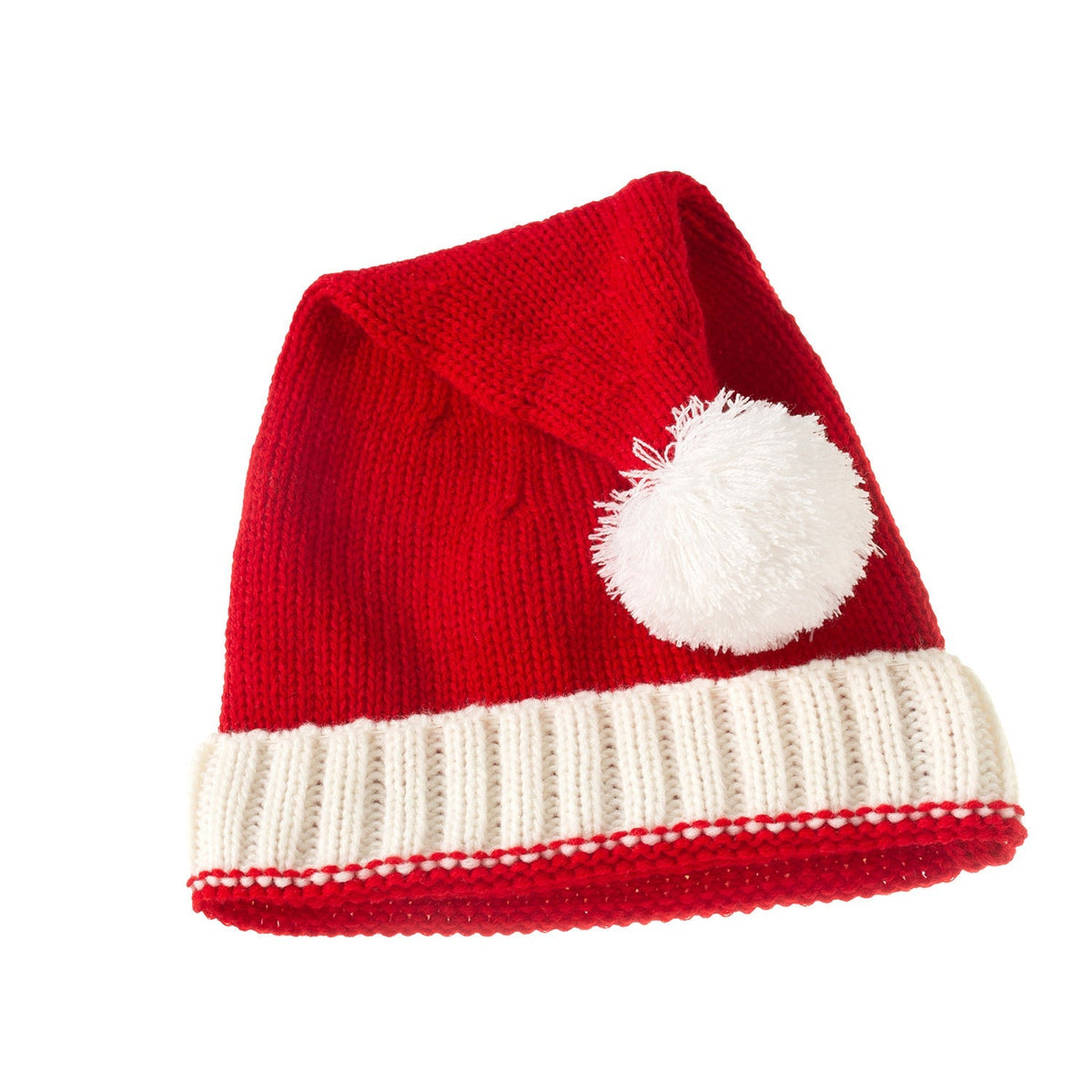 Red knitted Father Christmas hat with white cuff and pompom, parent and child