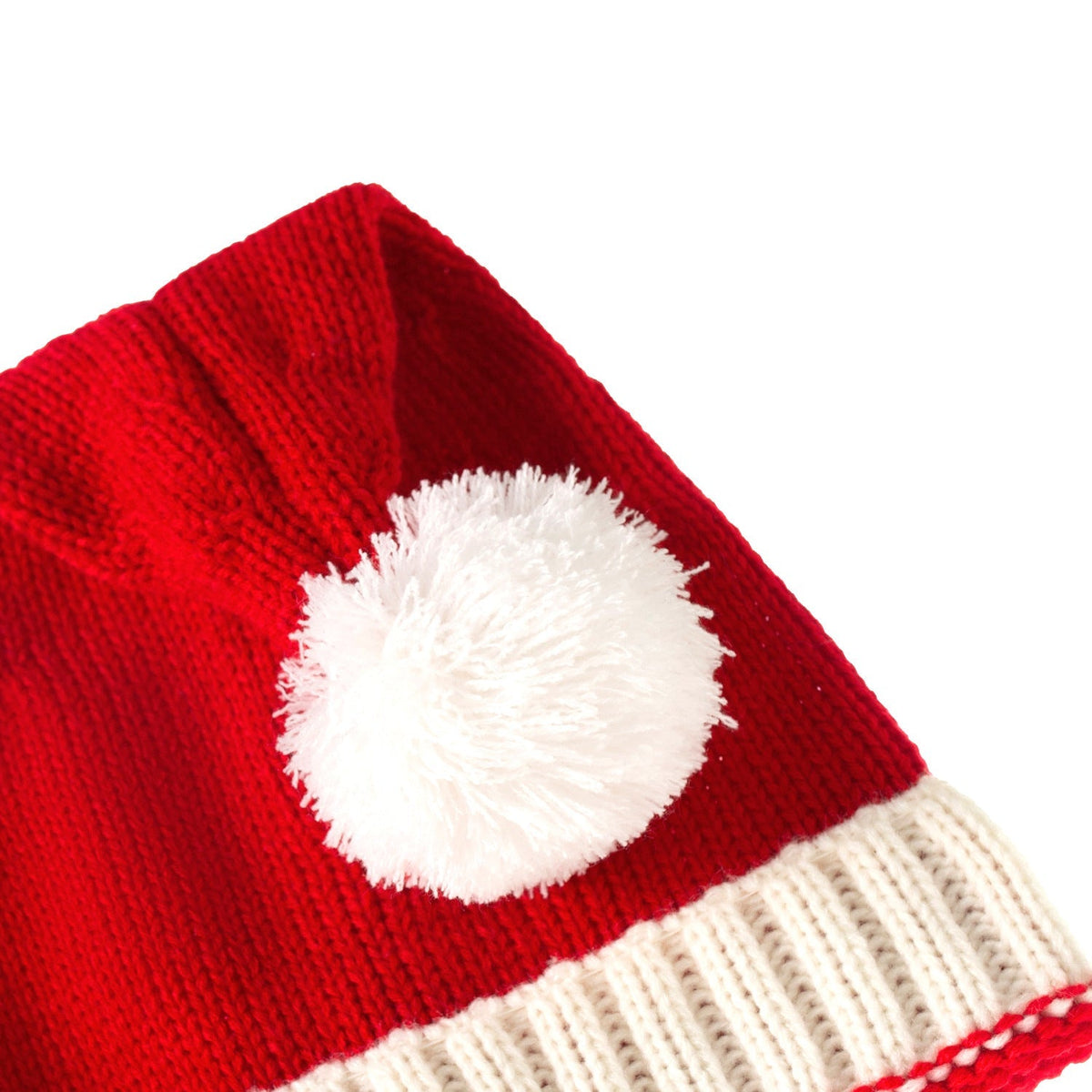 Red knitted Father Christmas hat with white cuff and pompom, parent and child