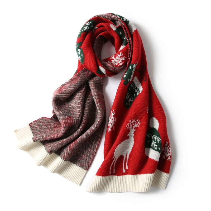 Knitted Christmas scarf with a knitted-in festive motif and ribbed ends - red deer and hat