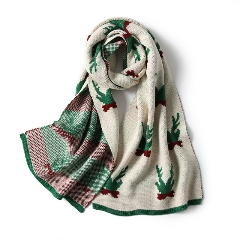 Knitted Christmas scarf with a knitted-in festive motif and ribbed ends - ivory antlers