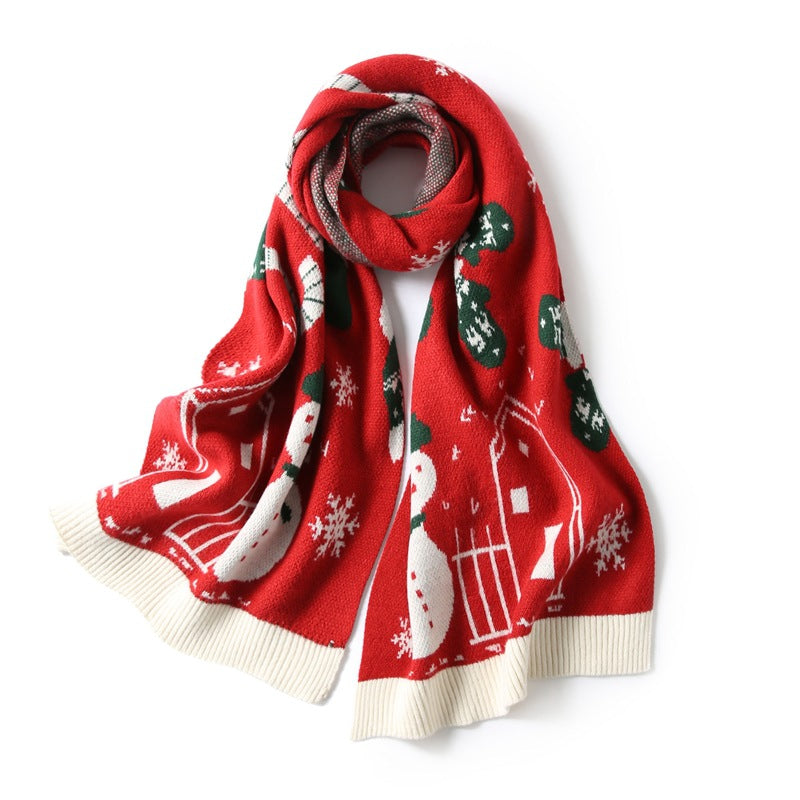 Knitted Christmas scarf with a knitted-in festive motif and ribbed ends - red snowman