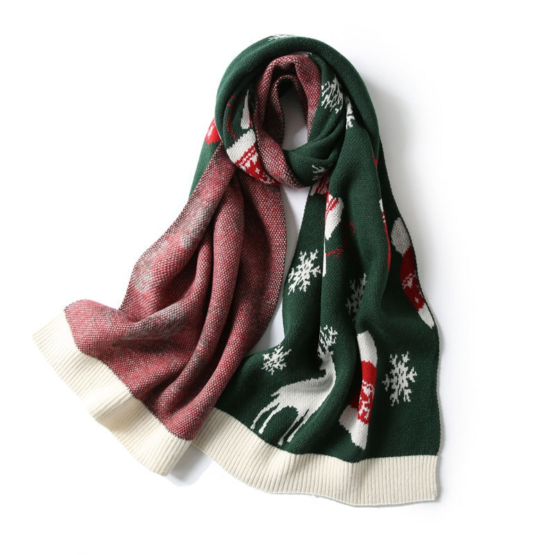 Knitted Christmas scarf with a knitted-in festive motif and ribbed ends - green deer and hat