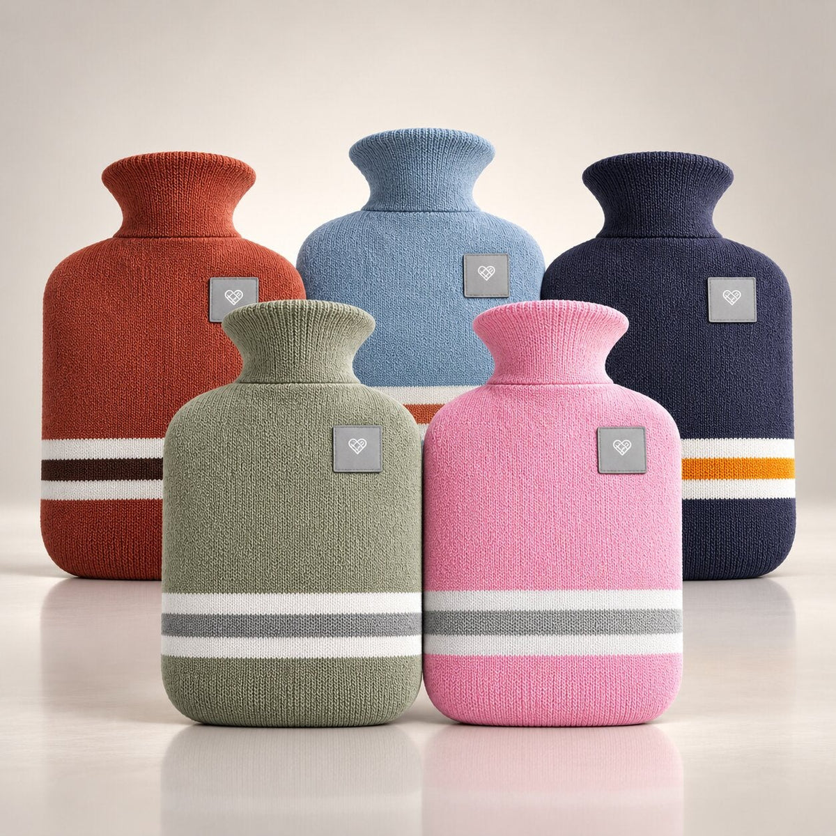 Knitted hot water bottle with stripes and a folded collar