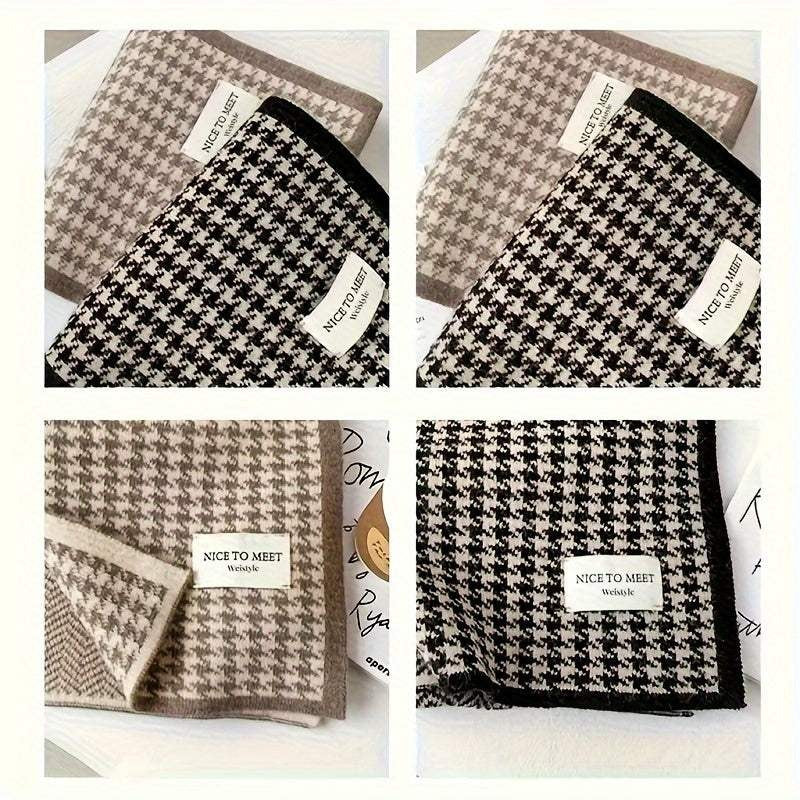 Women's knitted scarf with houndstooth, herringbone and a dark border