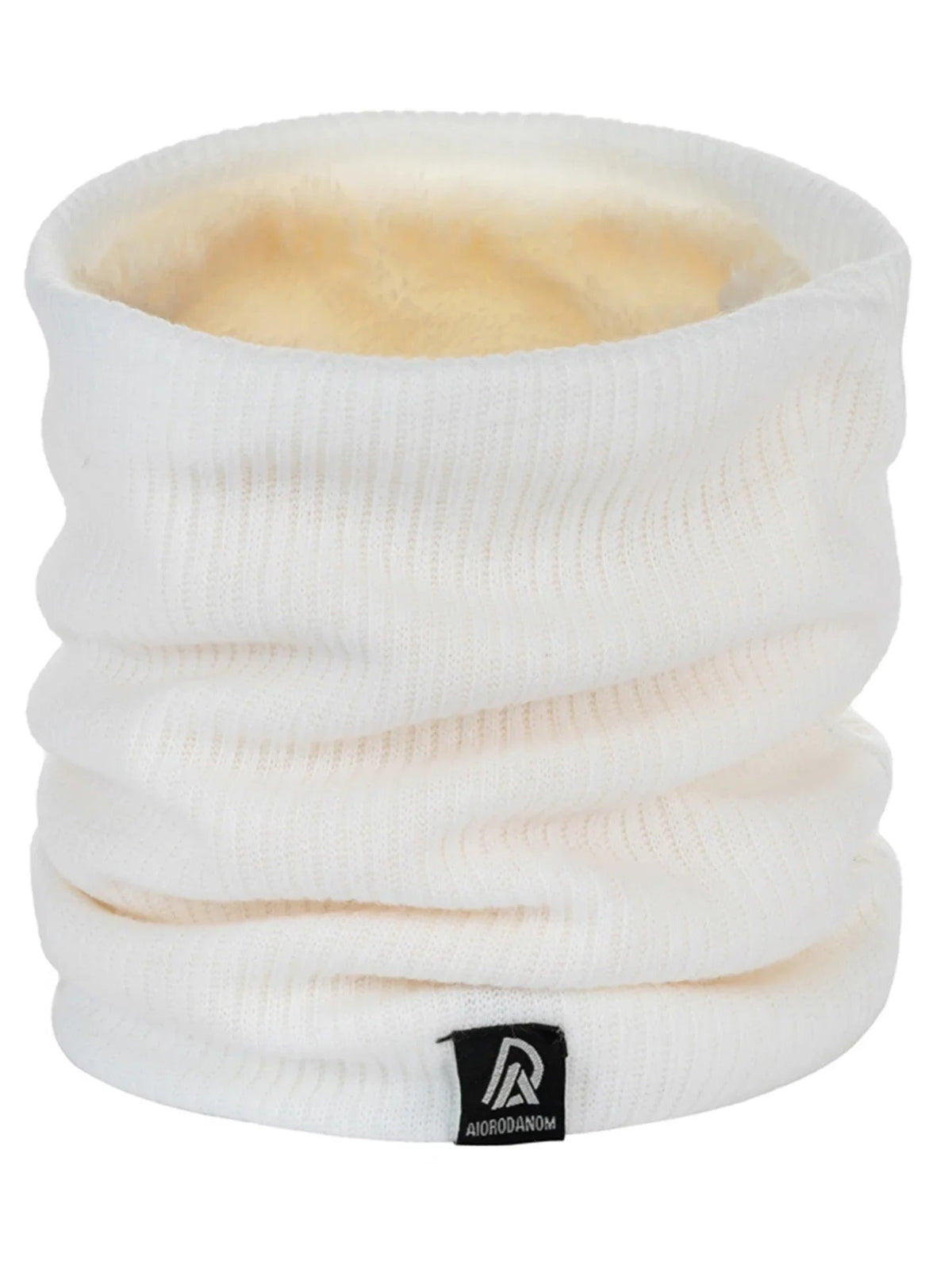 Knitted neck warmer with plush lining and a small woven label - white