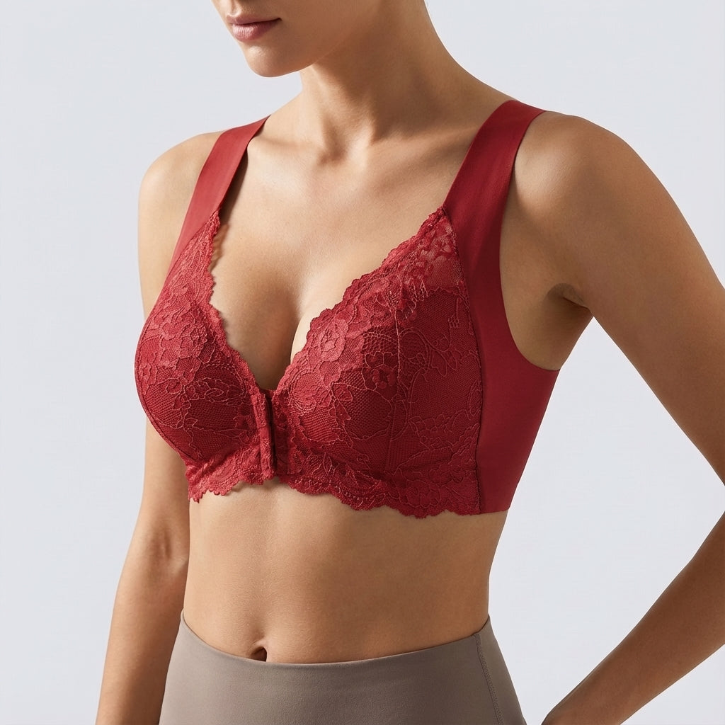 Lace front-closure bra with moulded cups, V-neck and wide straps - wine red