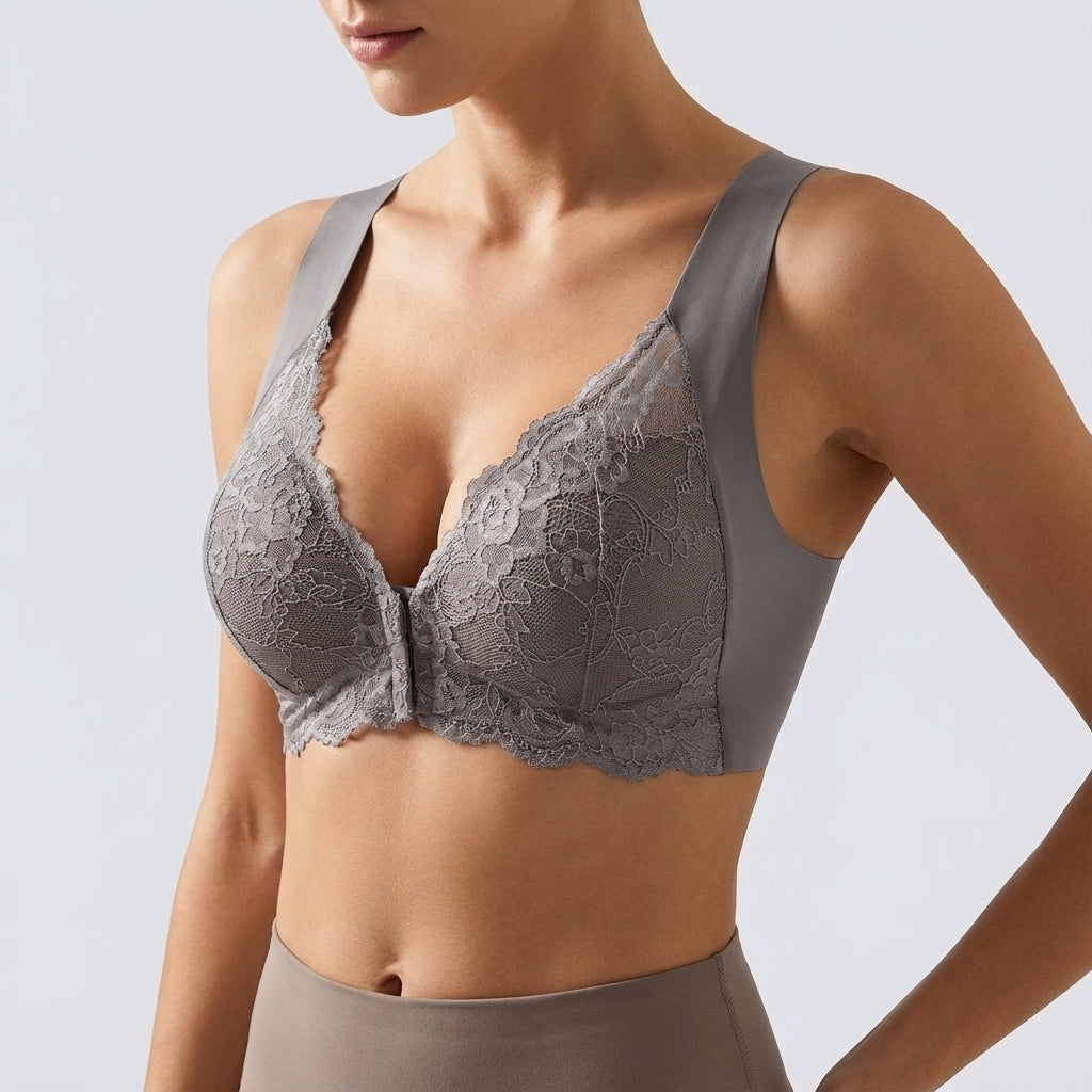 Lace front-closure bra with moulded cups, V-neck and wide straps - grey