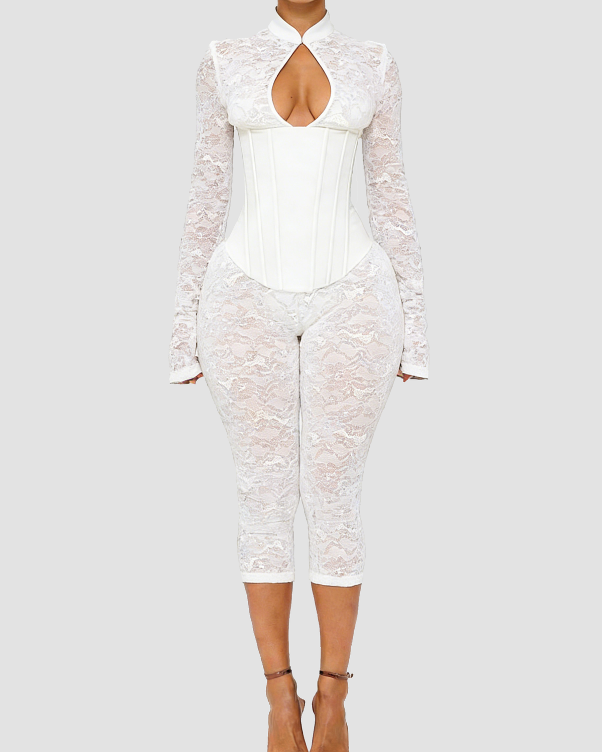 Lace jumpsuit with a high neck, boned corset bodice and calf-length legs - white