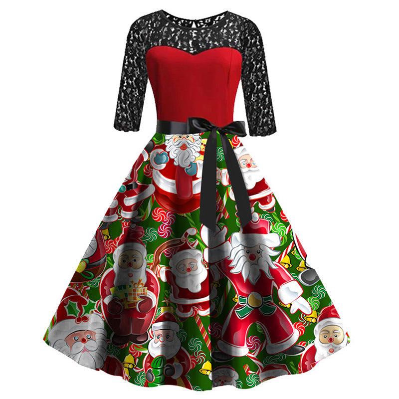Women's Christmas dress with black lace sleeves, red bodice and Santa-print skirt - green santa collage