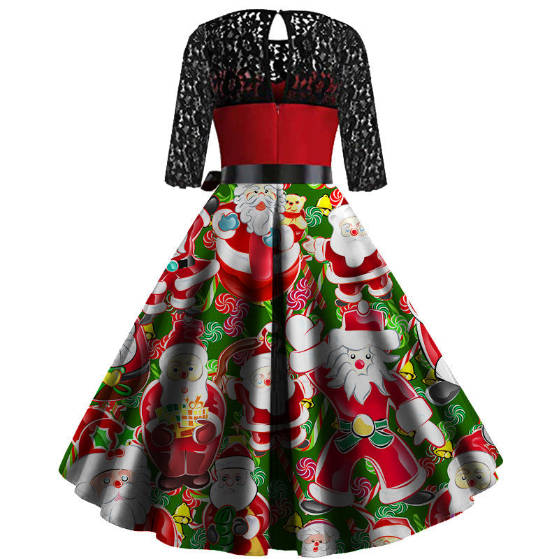 Women's Christmas dress with black lace sleeves, red bodice and Santa-print skirt