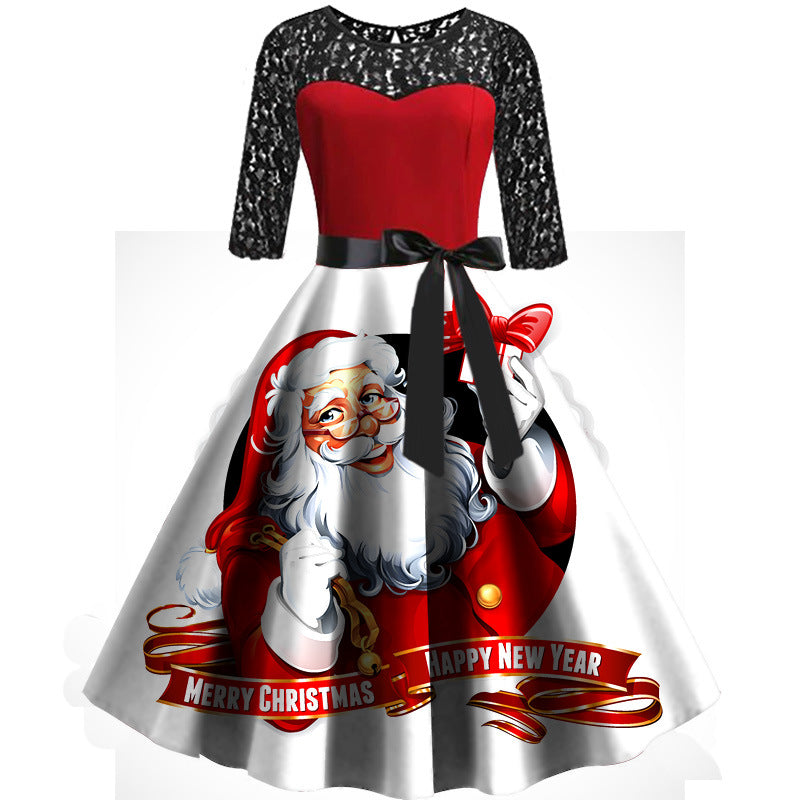 Women's Christmas dress with black lace sleeves, red bodice and Santa-print skirt - white with large santa