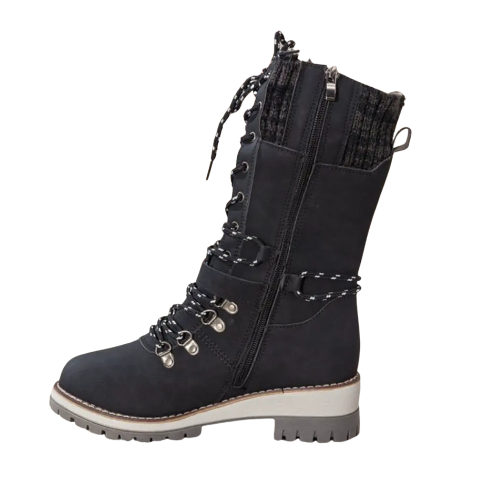 Women's lace-up winter boots with a knitted cuff and buckle