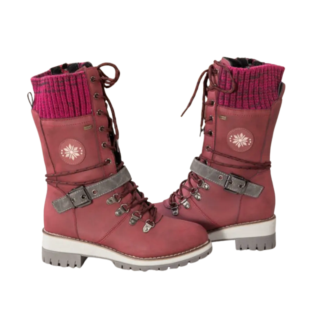Women's lace-up winter boots with a knitted cuff and buckle