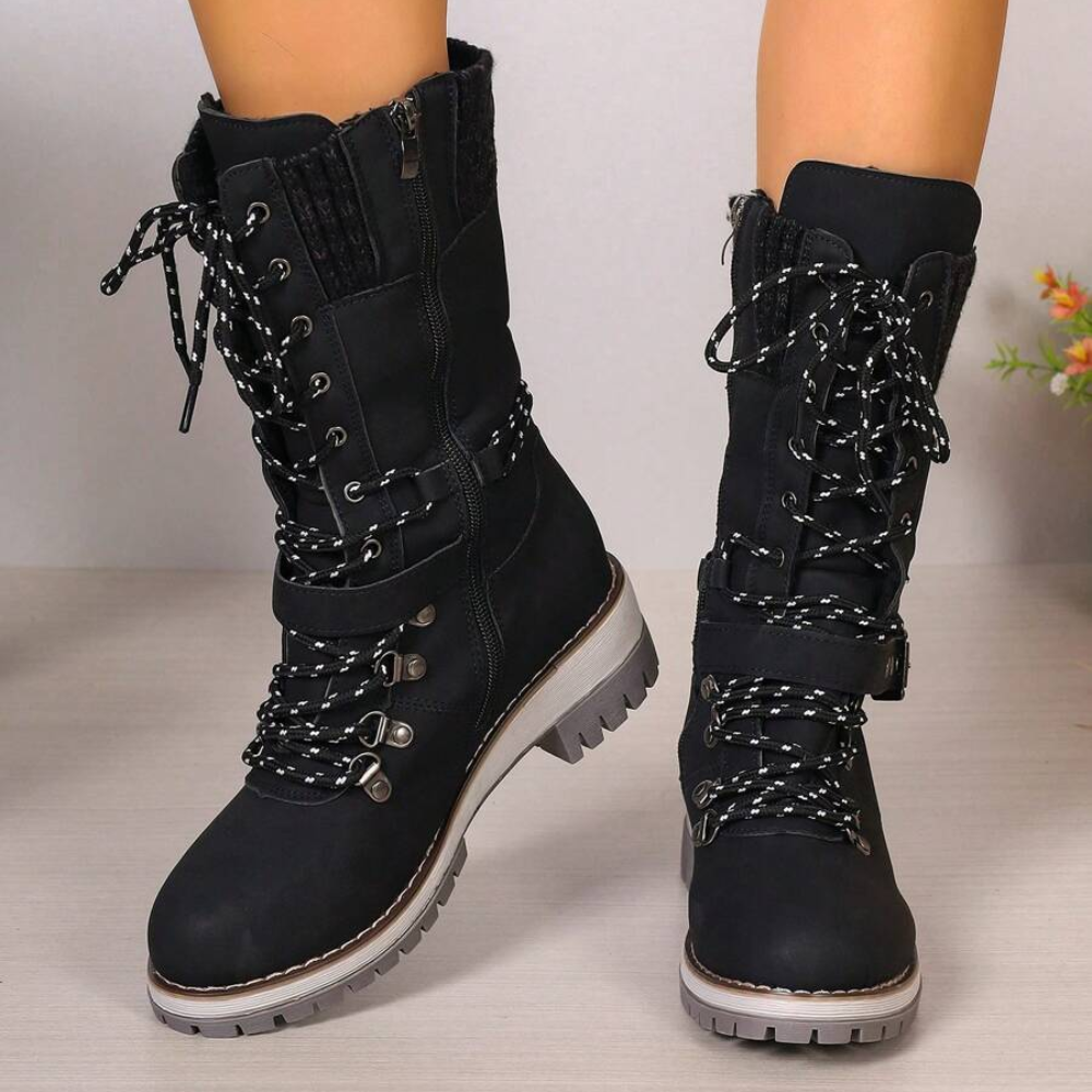 Women's lace-up winter boots with a knitted cuff and buckle