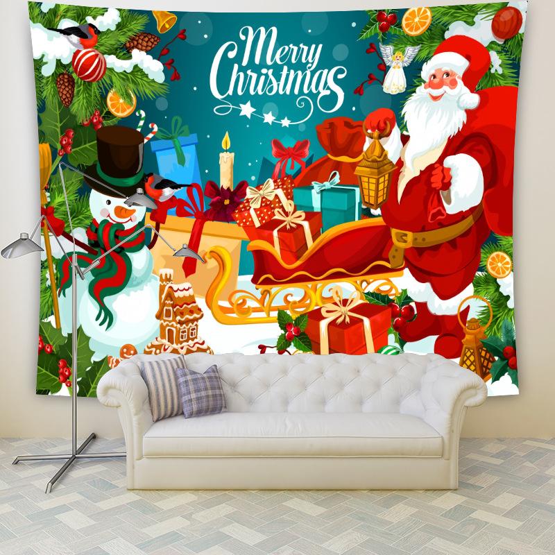 Large Christmas wall tapestry with a festive scene hanging above a sofa - santa with sleigh and snowman