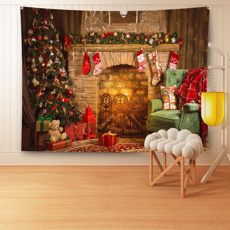 Large Christmas wall tapestry with a festive scene hanging above a sofa - fireplace with christmas tree