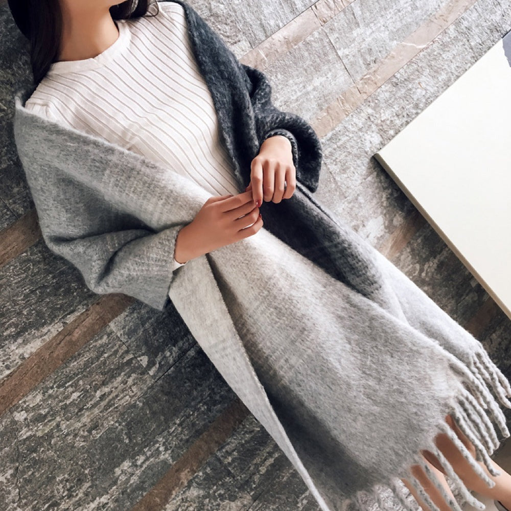 Women's large fluffy colour block scarf with chunky tassels - grey/charcoal