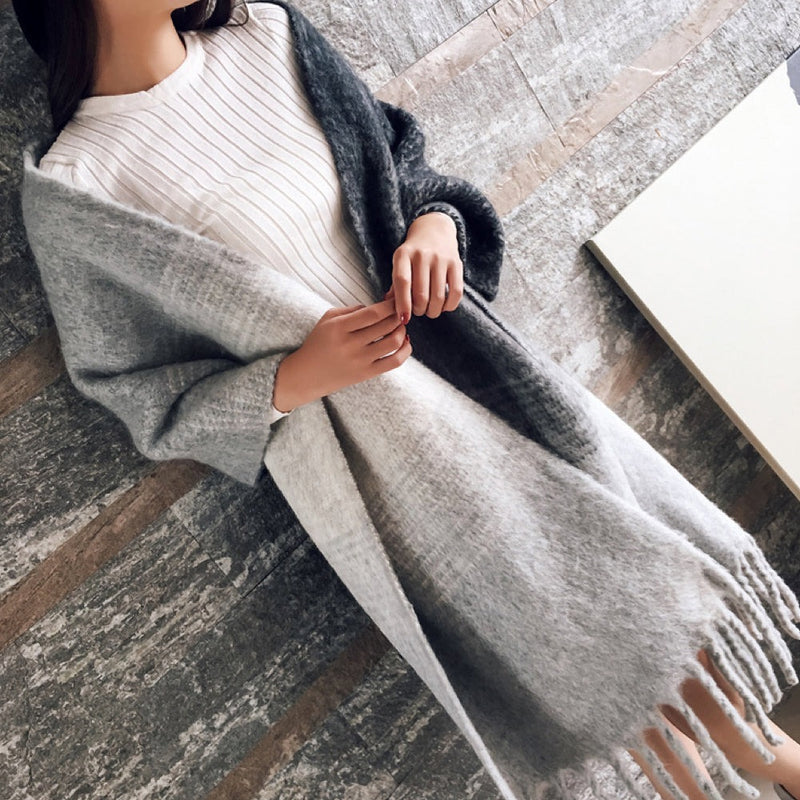 Women's large fluffy colour block scarf with chunky tassels - grey/charcoal