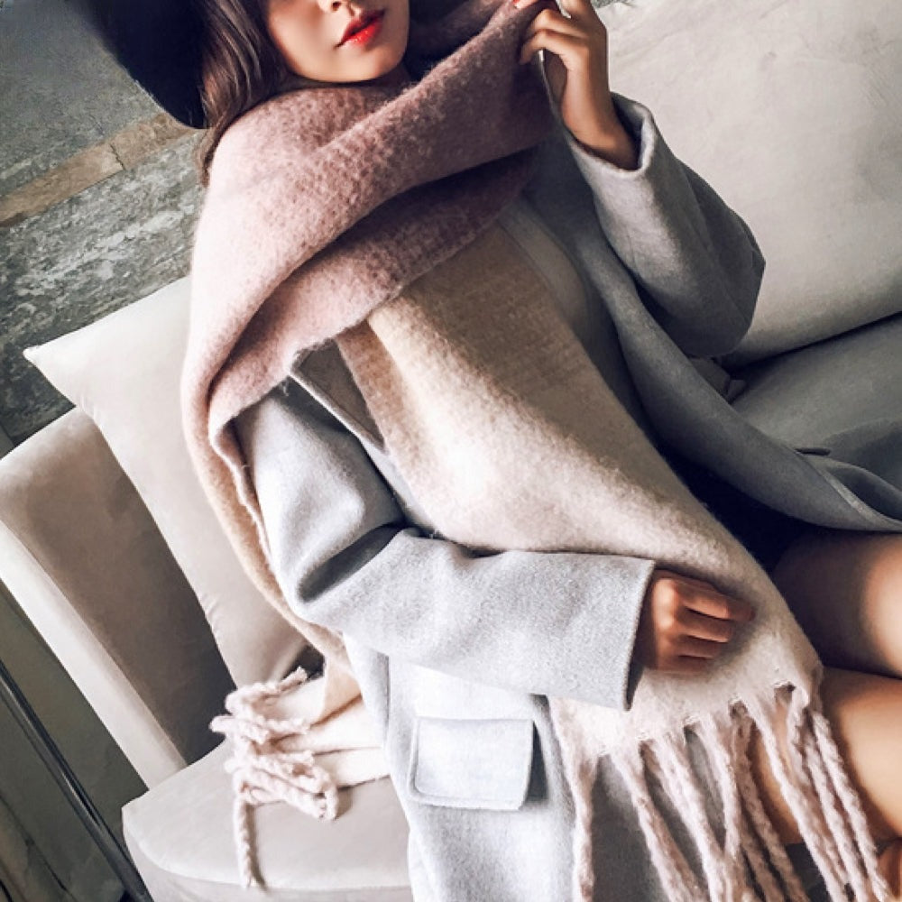 Women's large fluffy colour block scarf with chunky tassels - dusty pink/cream