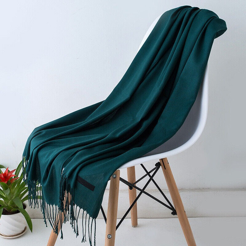 Women's large plain scarf in a soft weave with a short fringe - dark green
