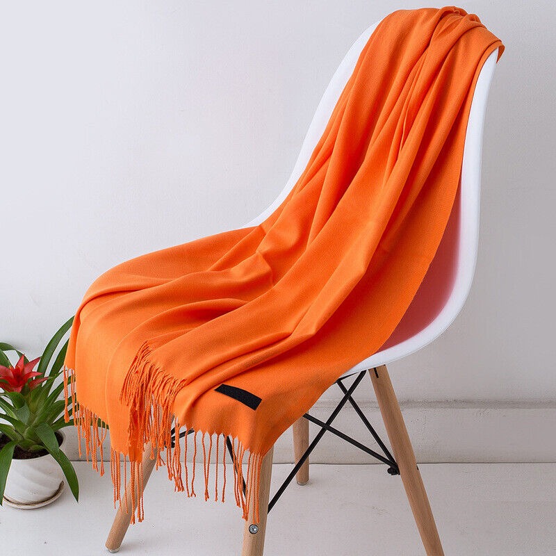 Women's large plain scarf in a soft weave with a short fringe - orange