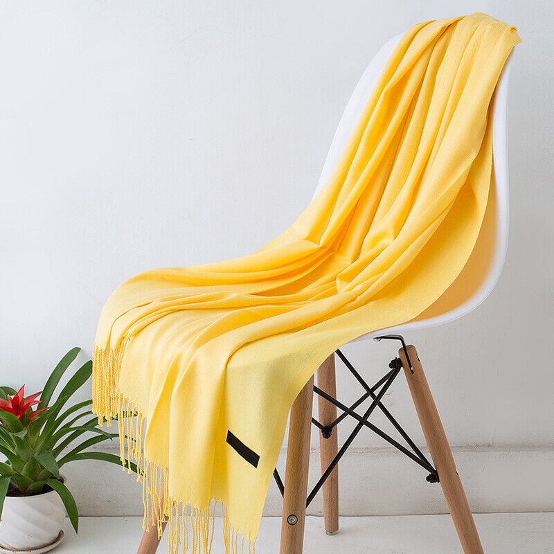 Women's large plain scarf in a soft weave with a short fringe - yellow