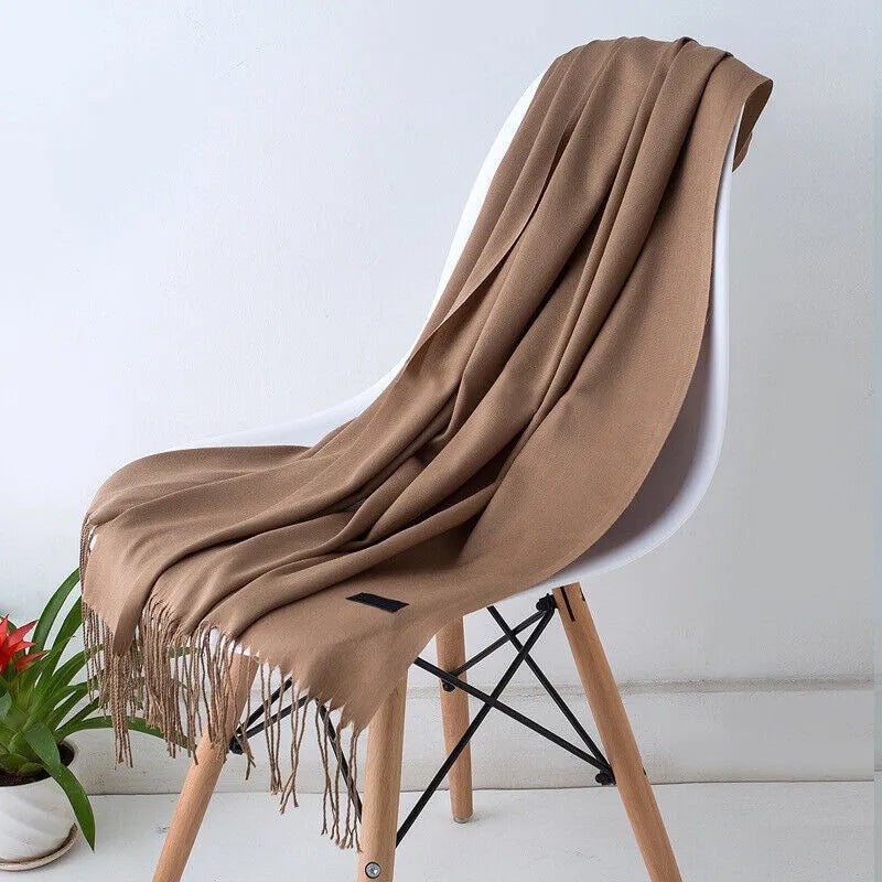 Women's large plain scarf in a soft weave with a short fringe - light brown