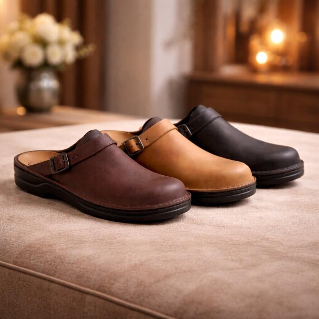 Leather-look slip-on clogs with a buckle strap for women and men