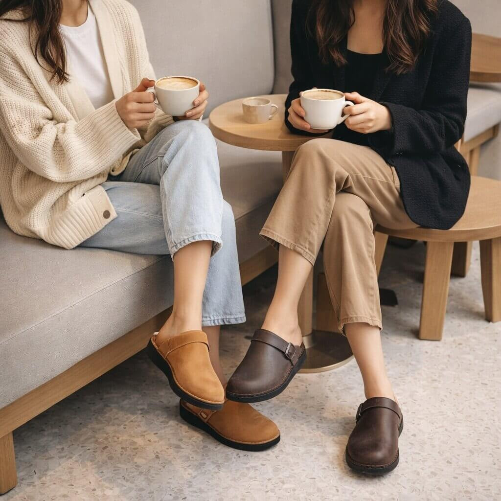 Leather-look slip-on clogs with a buckle strap for women and men - view 2