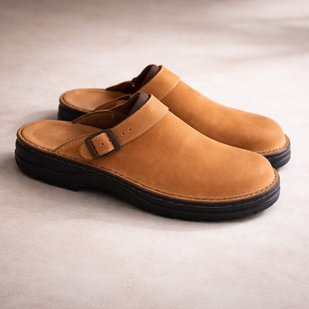 Leather-look slip-on clogs with a buckle strap for women and men - tan