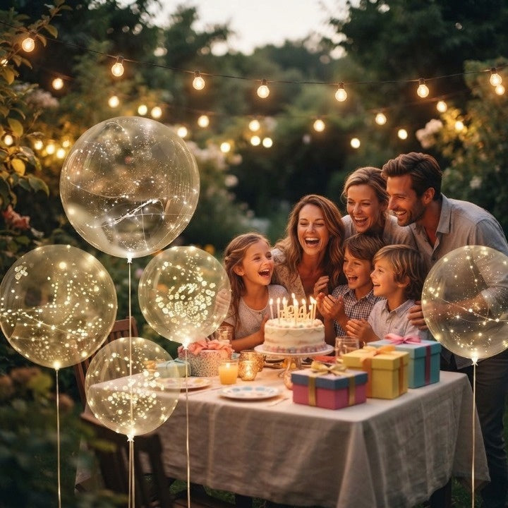 LED balloons with a light string in warm white along a garden path - view 4