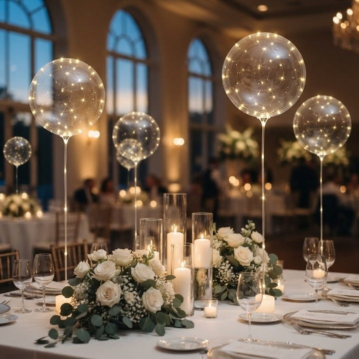 LED balloons with a light string in warm white along a garden path - view 5