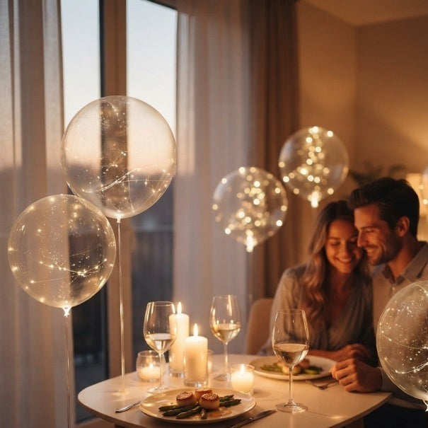 LED balloons with a light string in warm white along a garden path - view 6