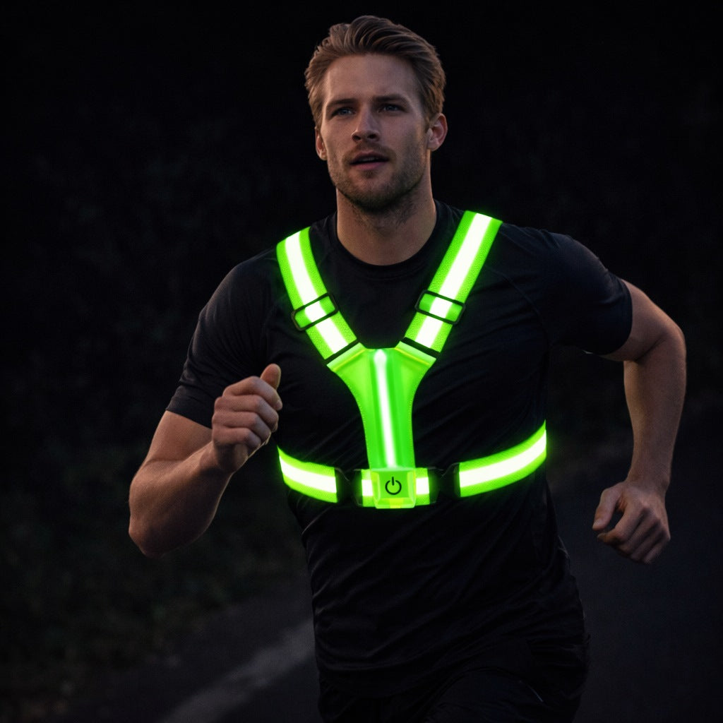 LED running vest with a light strip and reflective bands - lime green