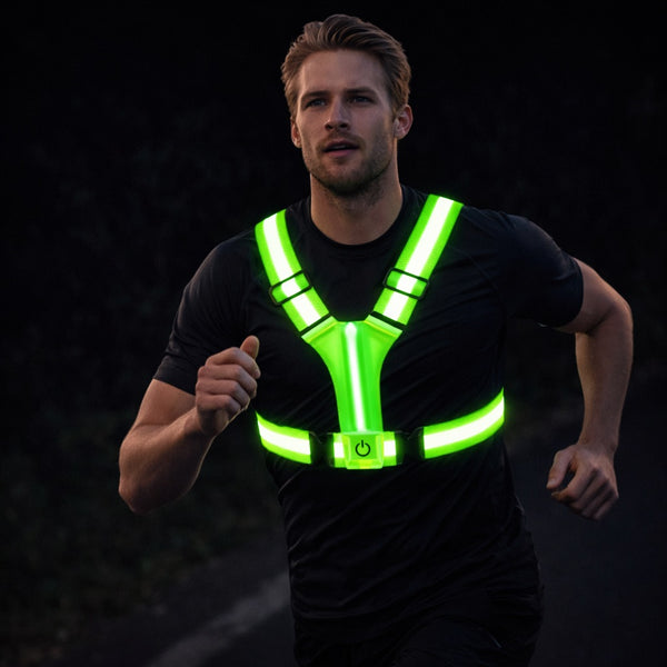 LED running vest with a light strip and reflective bands - lime green
