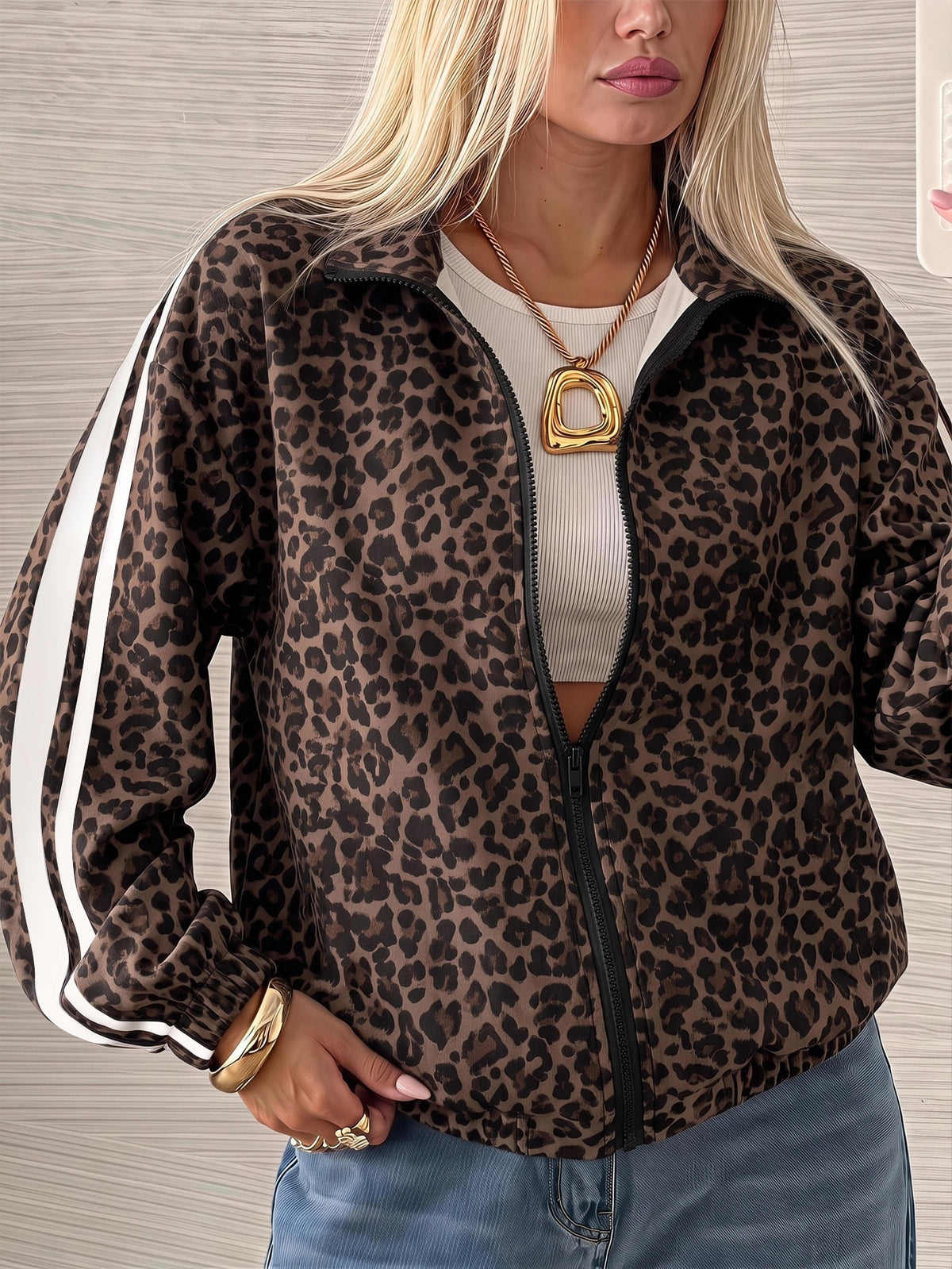 Leopard print track jacket for women with white sleeve stripes and stand collar - brown leopard