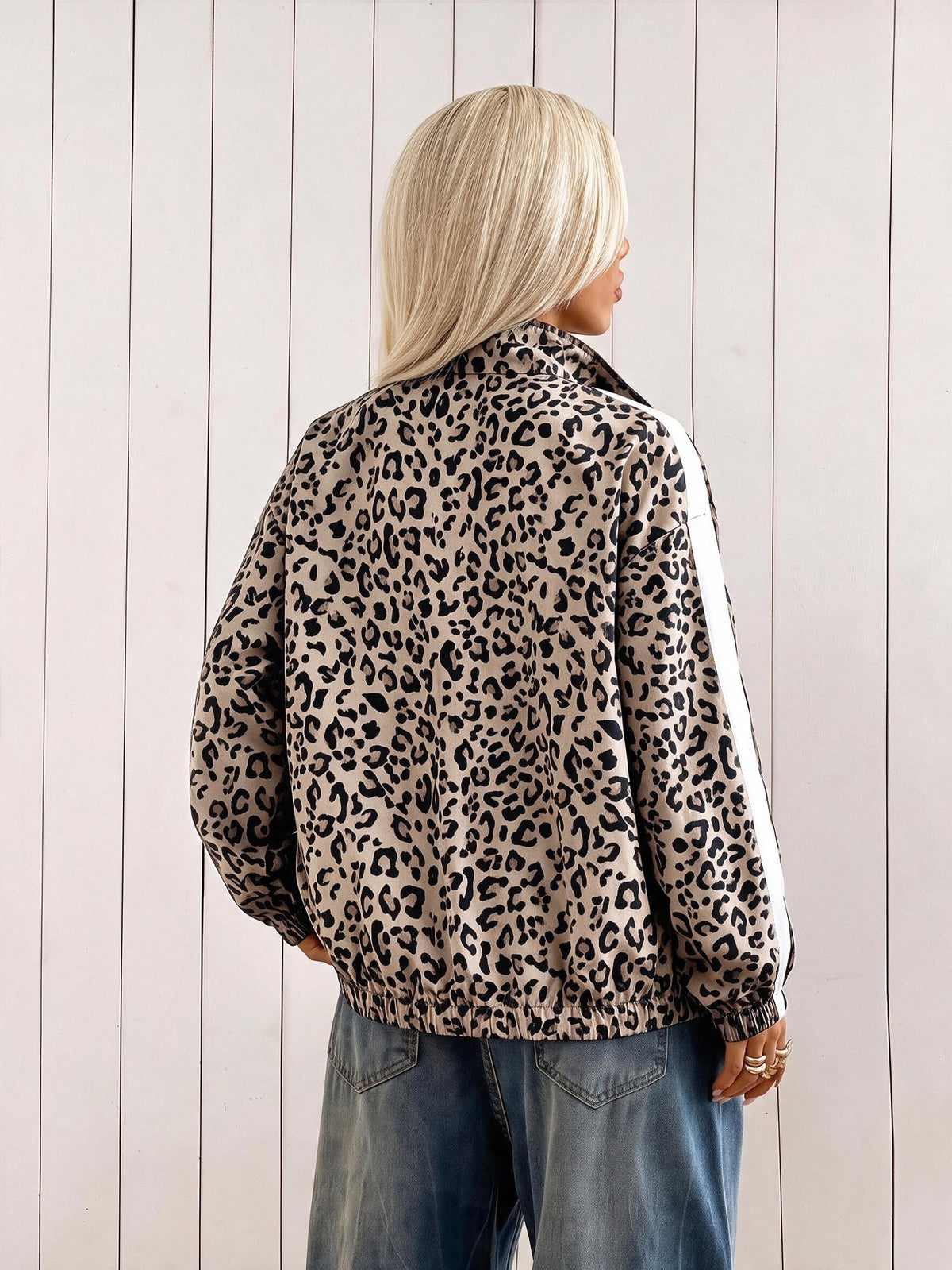 Leopard print track jacket for women with white sleeve stripes and stand collar - view 13