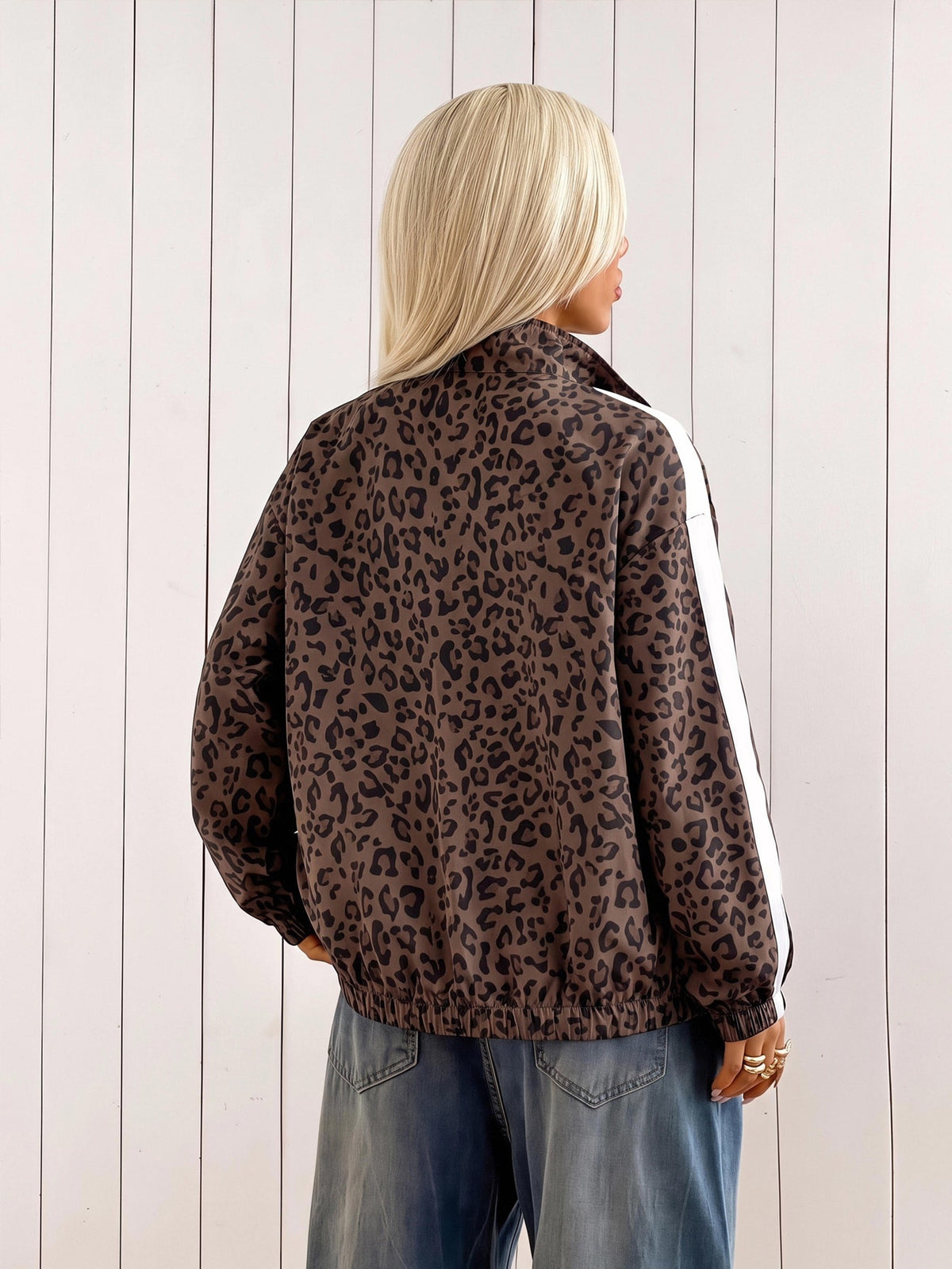 Leopard print track jacket for women with white sleeve stripes and stand collar - view 3