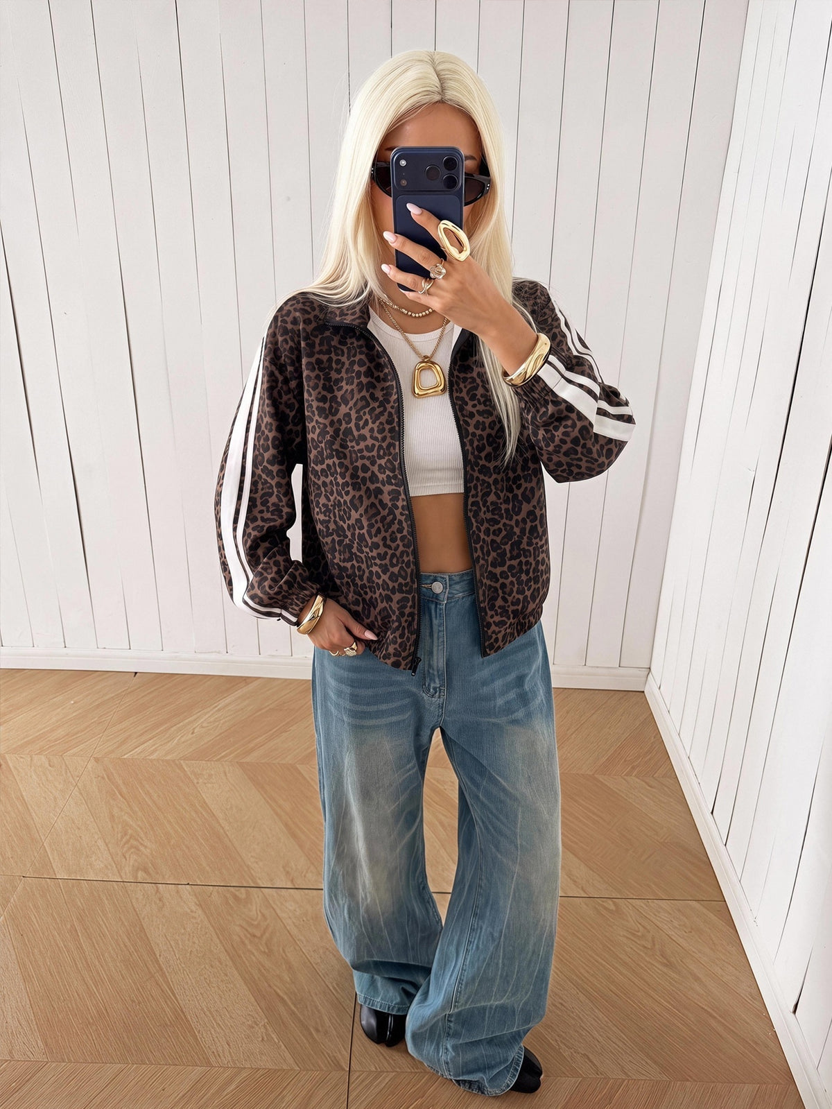 Leopard print track jacket for women with white sleeve stripes and stand collar - view 5