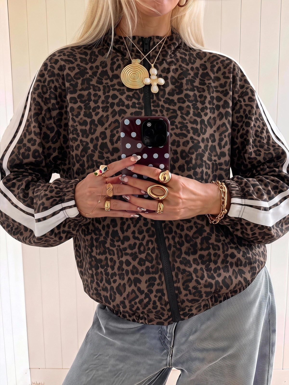 Leopard print track jacket for women with white sleeve stripes and stand collar - view 6