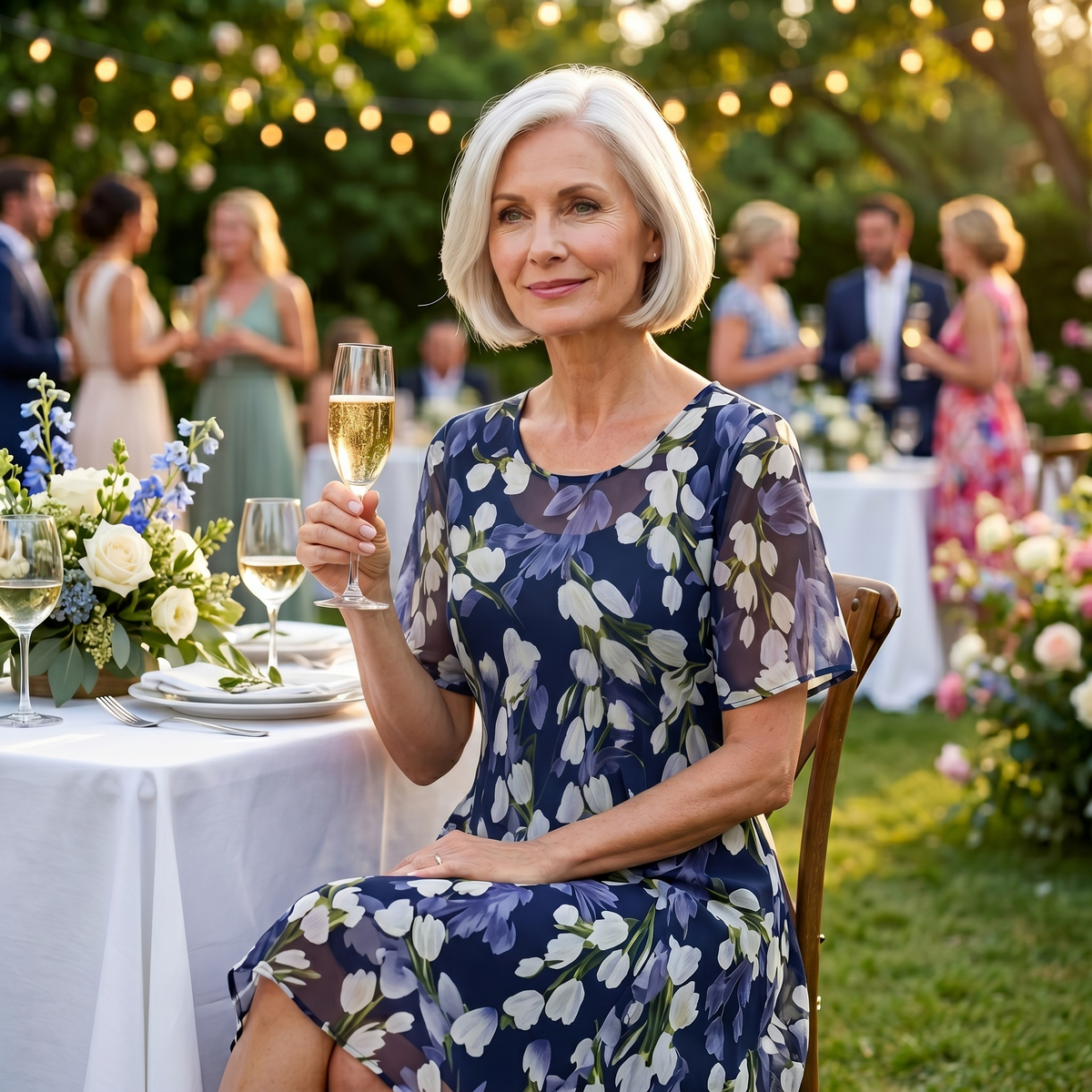 Women's navy floral chiffon dress - detail