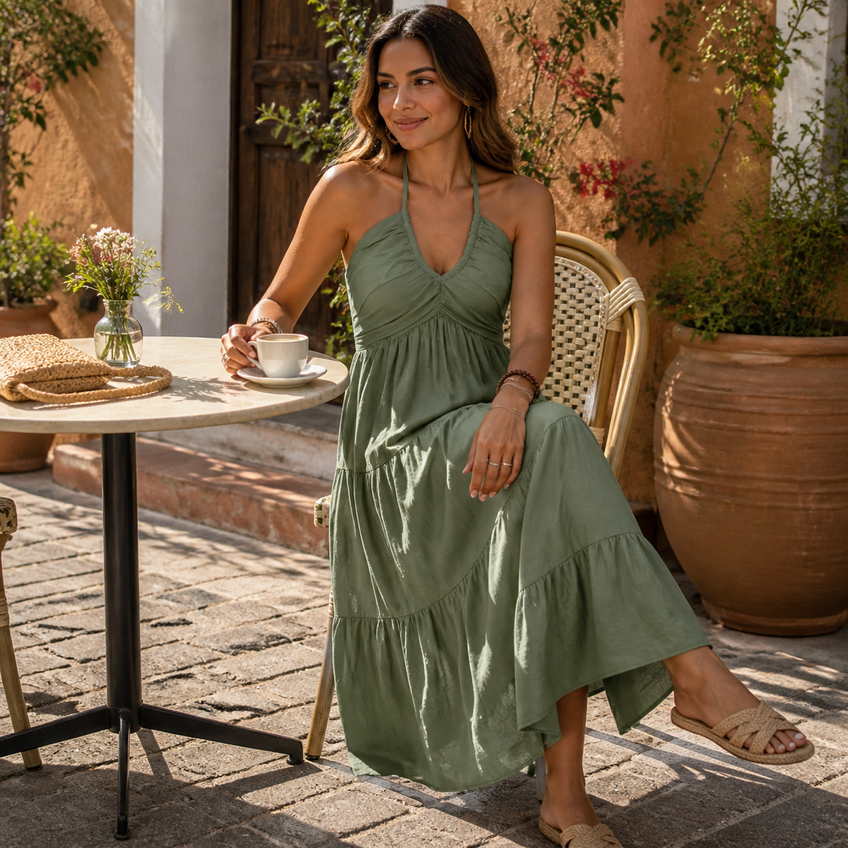 Women's halter tiered maxi dress - detail