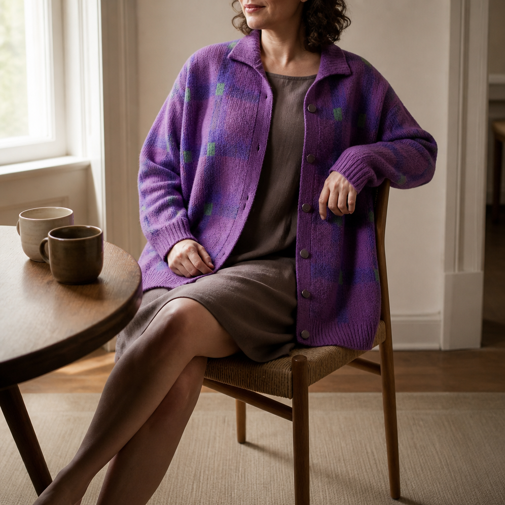 Women's oversized collared check cardigan - detail