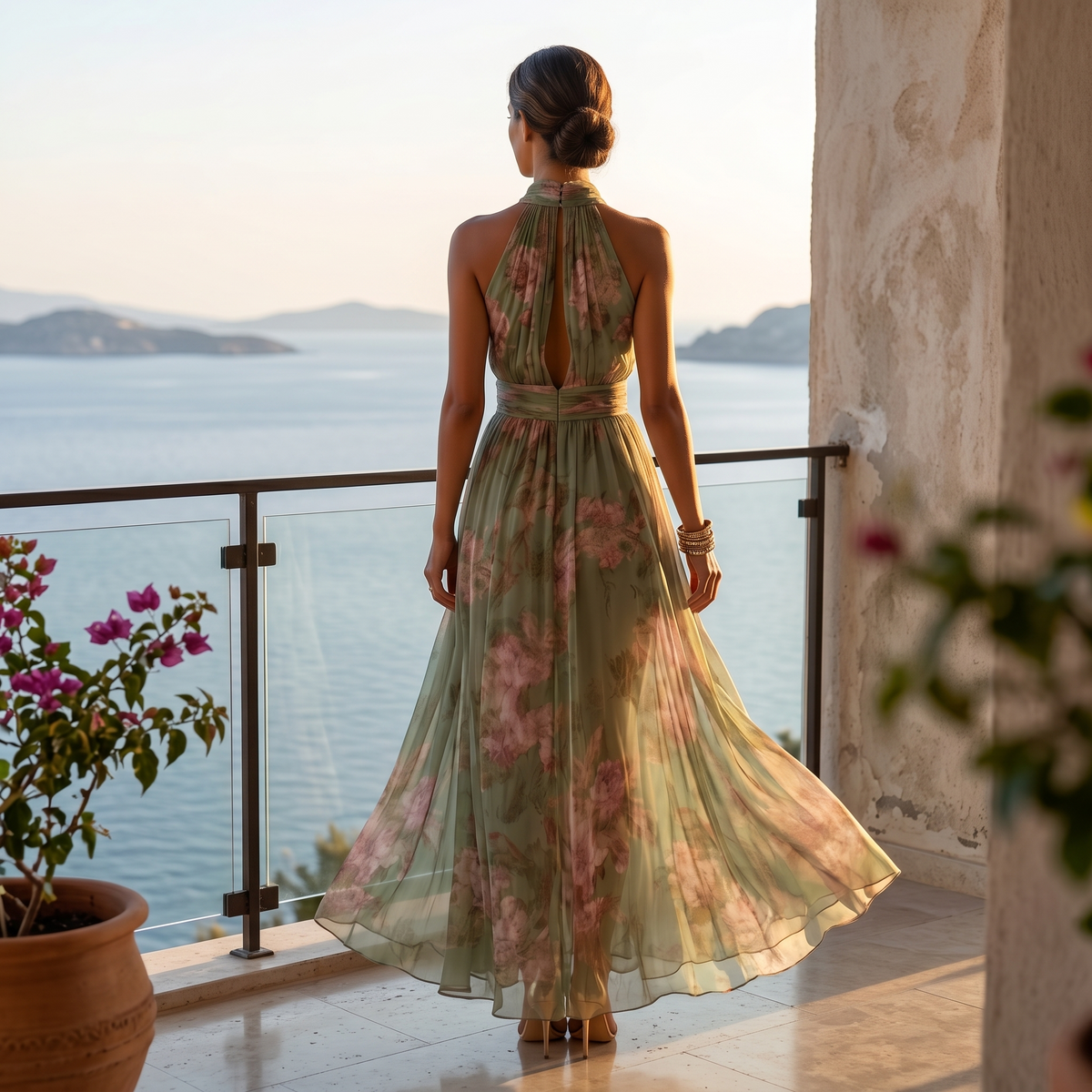 Women's sage floral halter maxi dress - detail